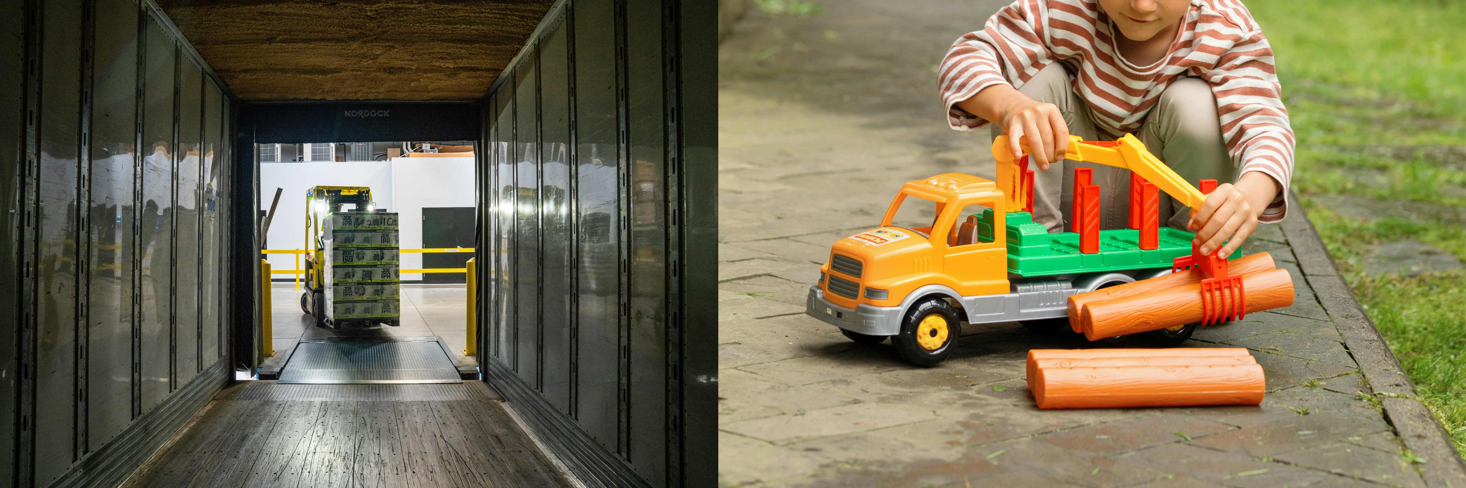 Image of a forklift truck loading a lorry alongside image of a child loading toys onto a toy truck.